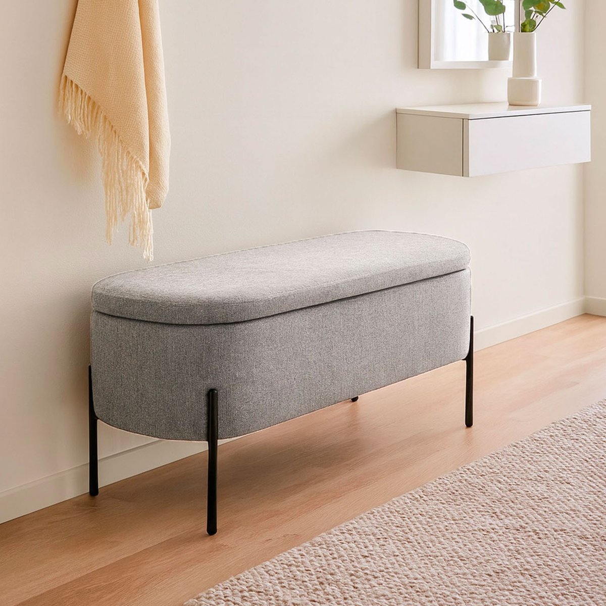 Banc coffre tapissé gris clair 95x36x43cm gris, WADIGA
