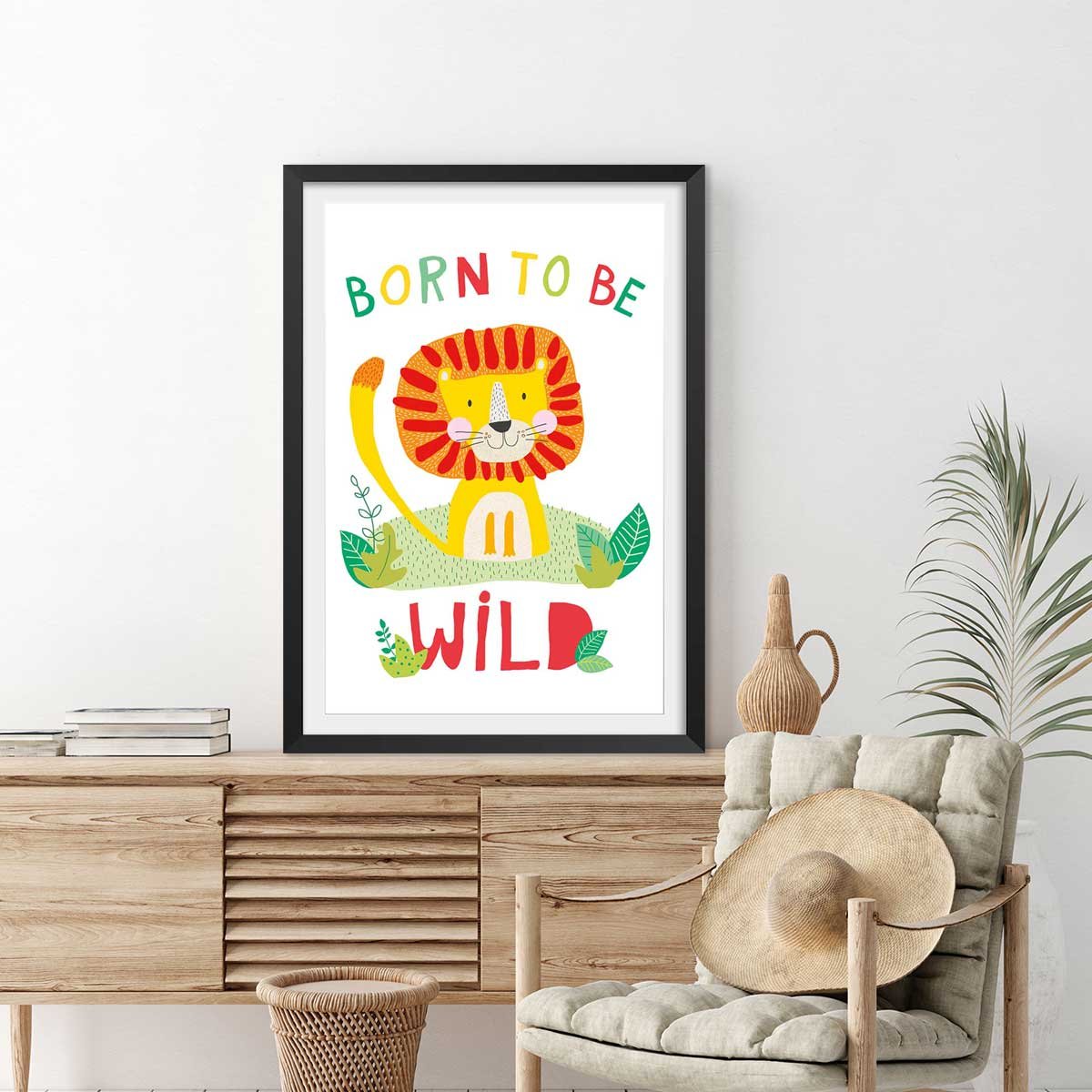 Affiche enfant lion born to be wild affiche + cadre en bois - noir, HEXOA