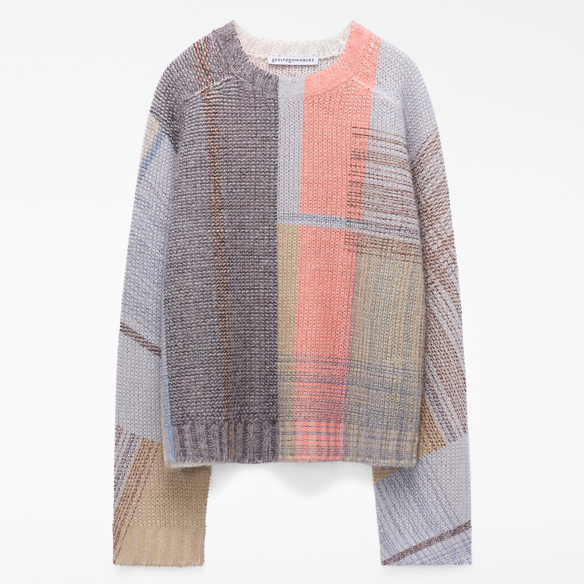 Pull avec laine mérinos, col rond et imprimé gris clair, ADOLFO DOMINGUEZ