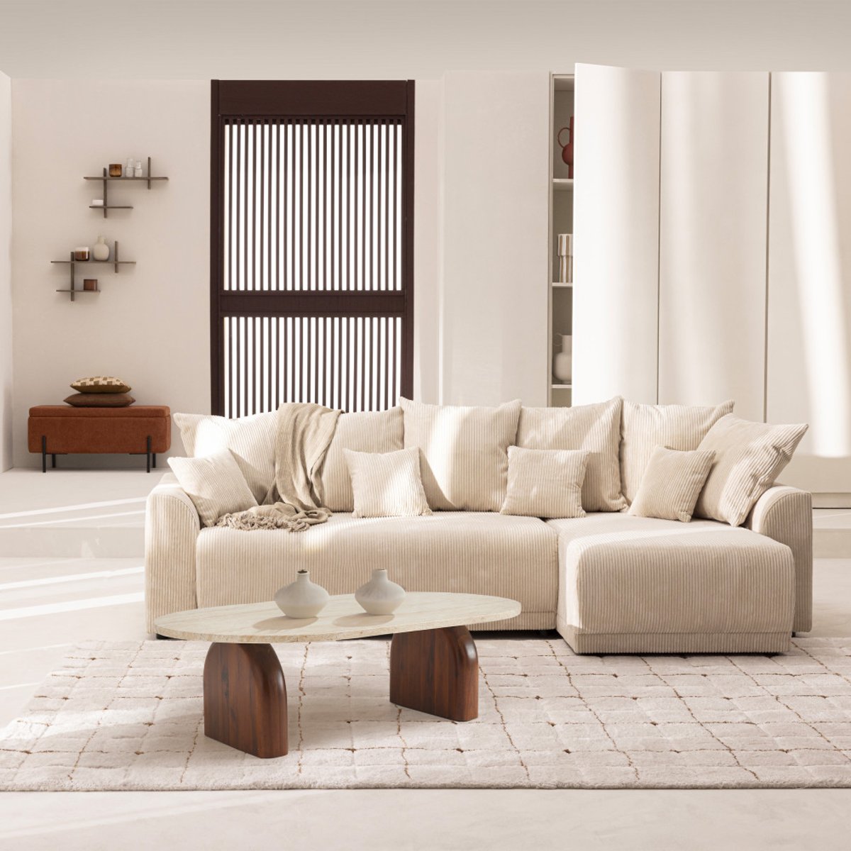 Table basse effet travertin et bois 100x60cm- LIPALI beige, DRAWER