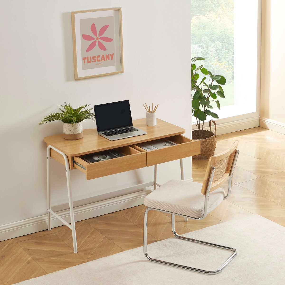 Bureau 2 tiroirs ESRA blanc et effet chêne, BAÏTA
