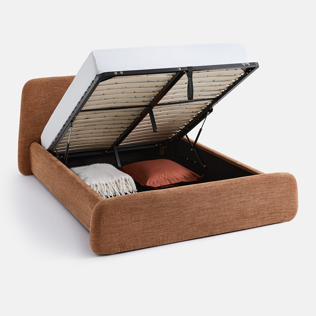 Opbergbed met opklapbare lattenbodem, chenille-stof, STEEN karamel, LA REDOUTE INTERIEURS