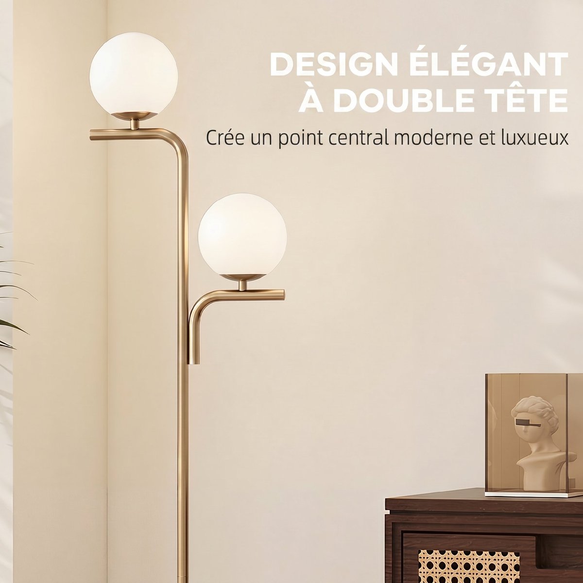 Lampadaire Acier Or doré, blanc laiteux, HOMCOM