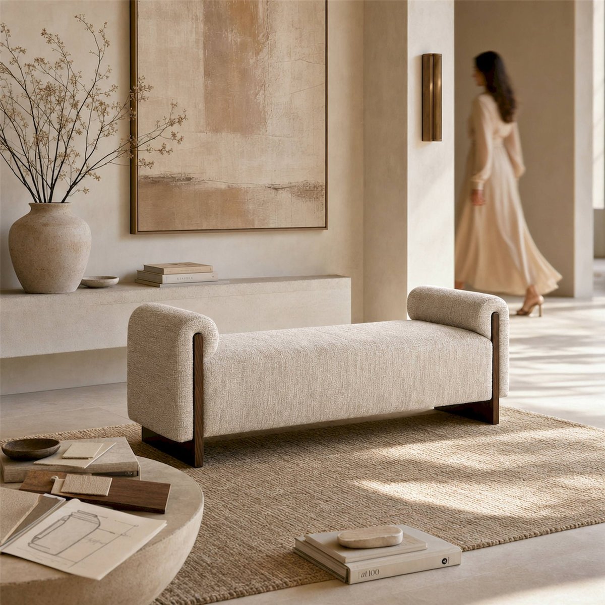 Banc rembourré en frêne, Style contemporain beige naturel et bois foncé, RECOLLECTION