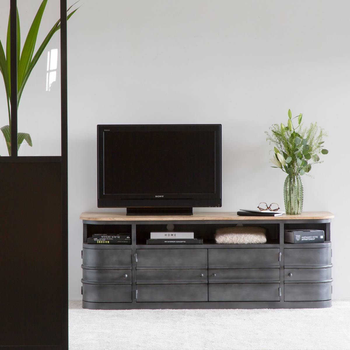 Meuble TV en métal et bois massif LOCKER gris, MADE IN MEUBLES 