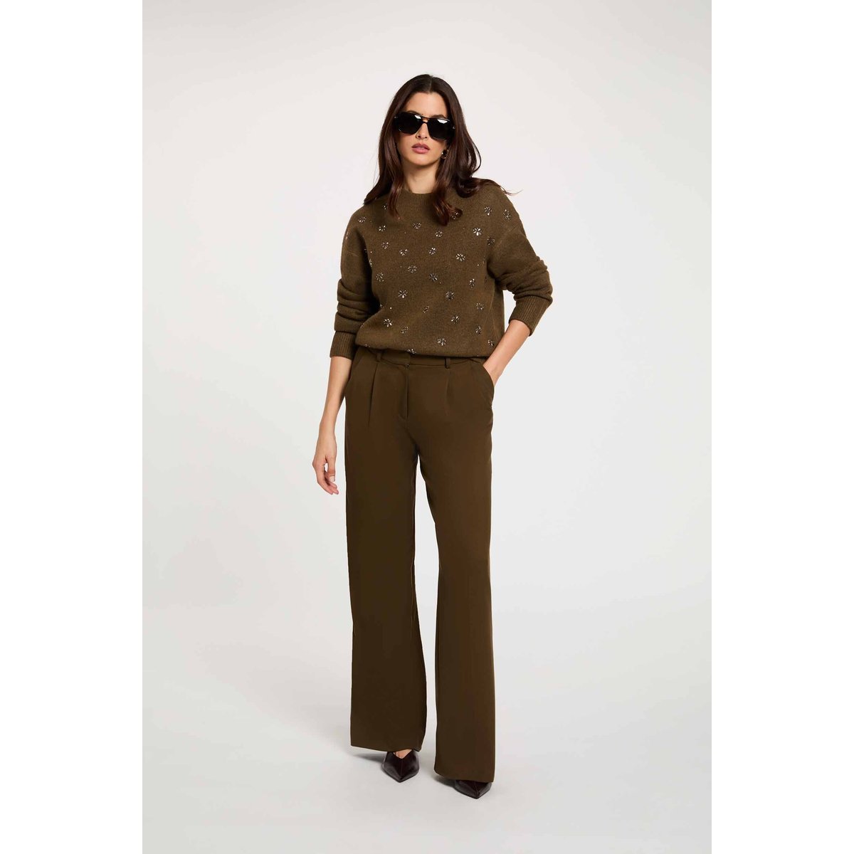 Pantalon large taille haute vert kaki, MORGAN