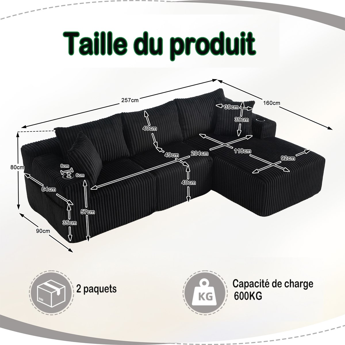 Canapé d’angle 3 places design moderne en velours côtelé avec méridienne, poches latérales et porte-gobelets, SCANDB noir, MEUBLES COSY