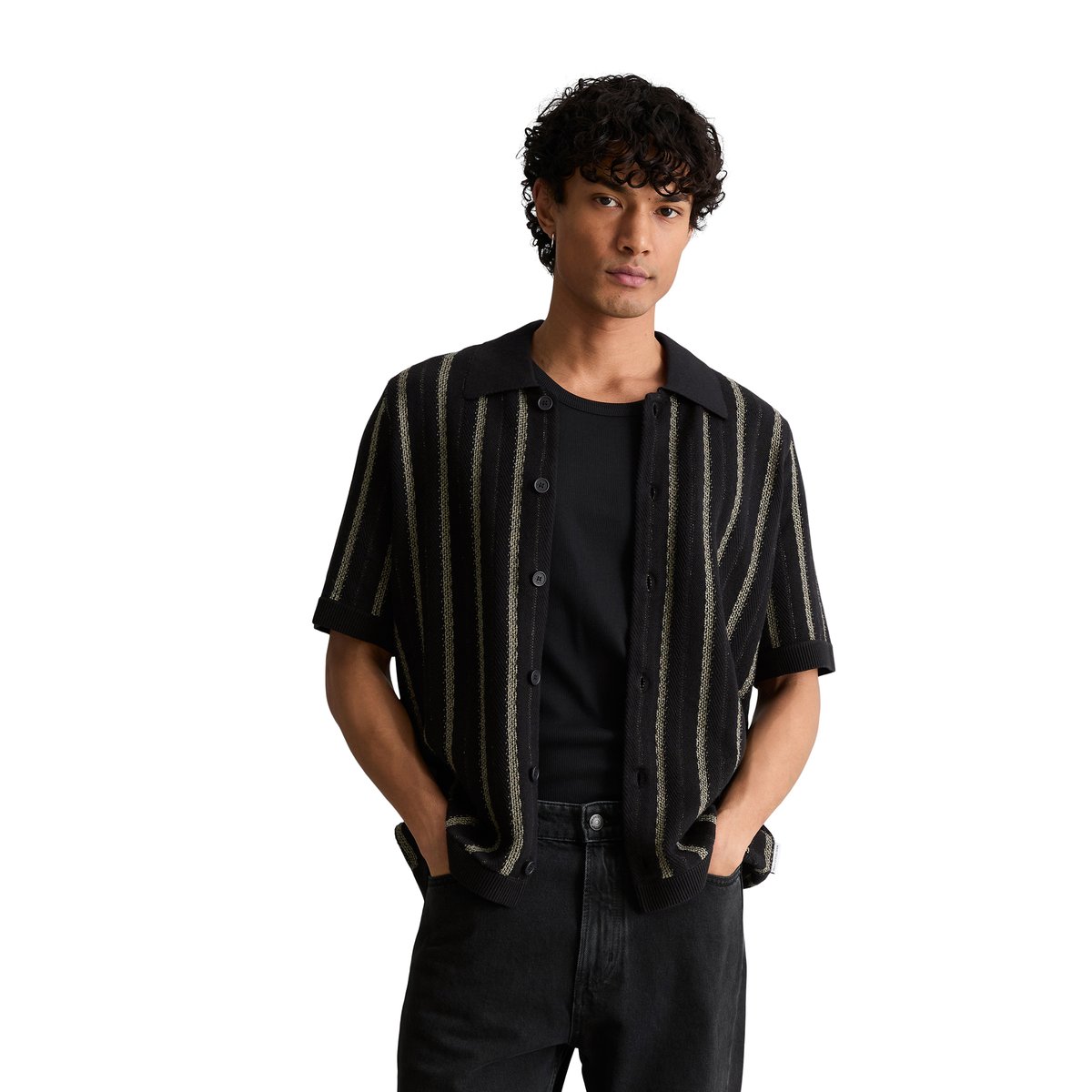 Veste en tricot style polo relaxed avec des bandes verticales noir, MARC O’POLO DENIM
