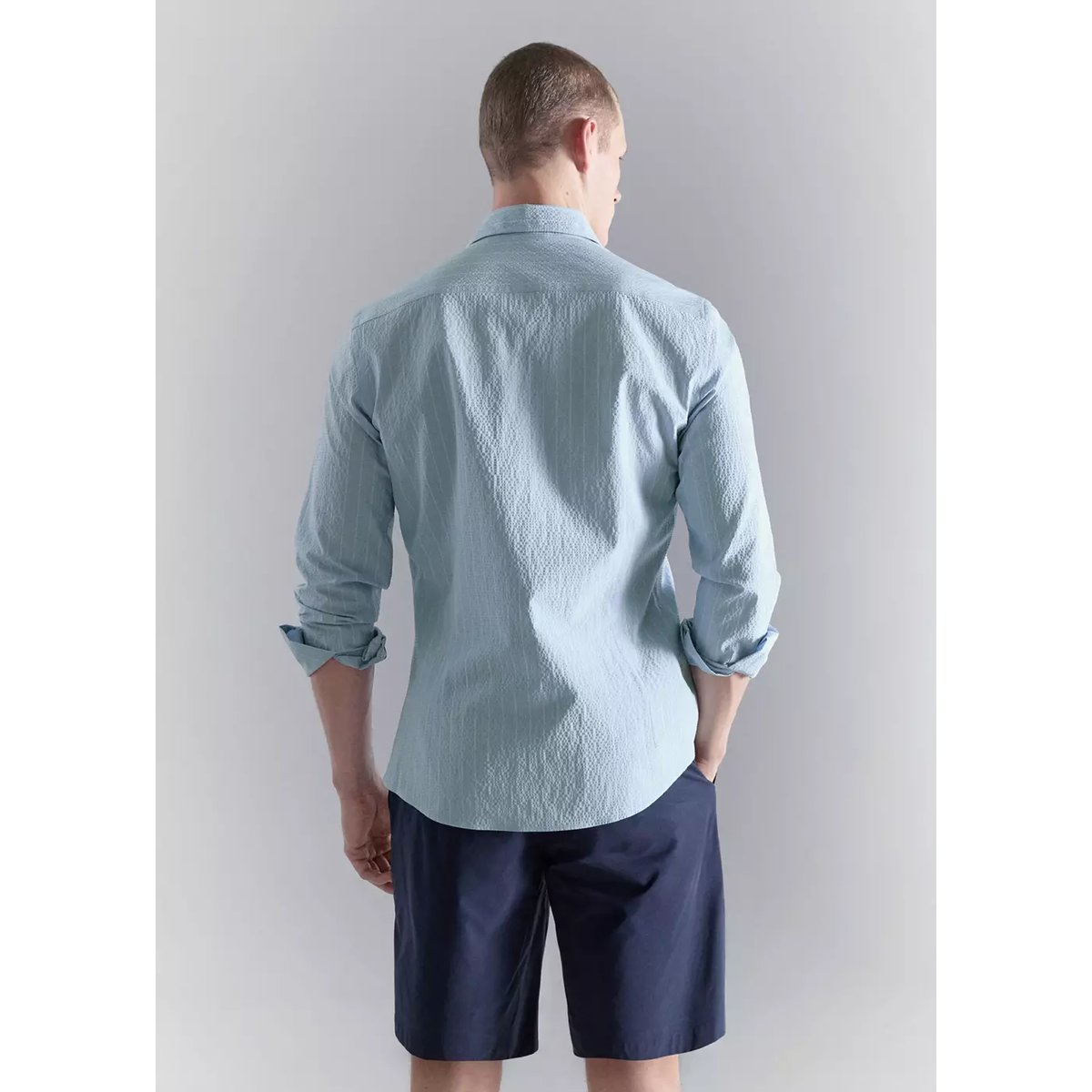 Chemise rayures tennis effet froissé bleu ciel, MANGO MAN
