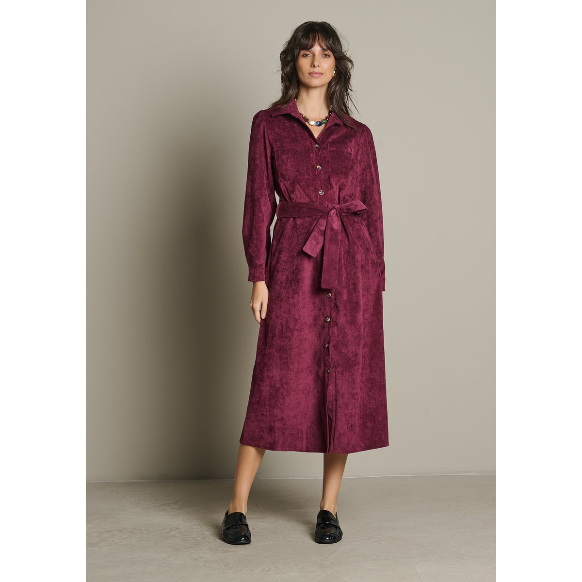 Robe chemise midi côtelée aubergine, LOLALIZA