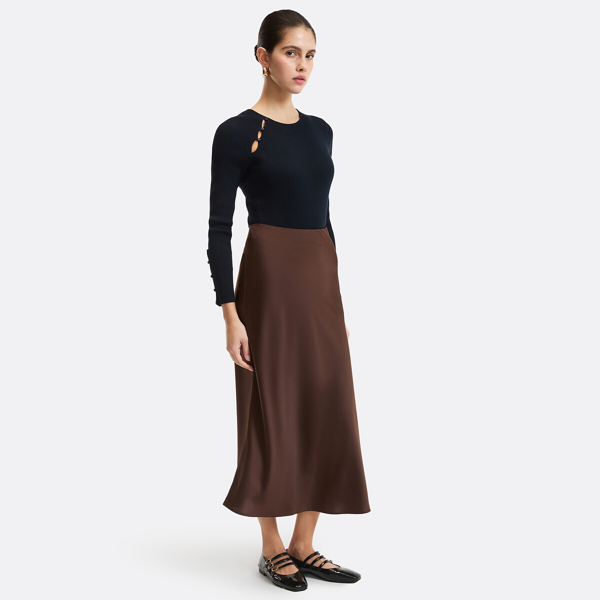 Jupe évasée longue en satin mat, Signature MARION marron, LA REDOUTE COLLECTIONS