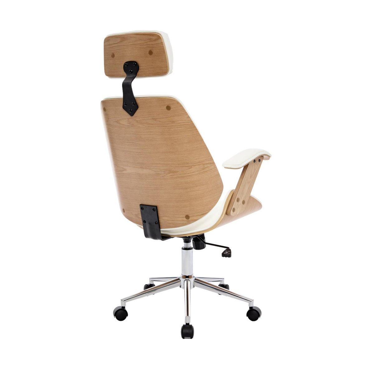 Chaise de bureau à roulettes décor bois courbé et simili cuir MICHAEL blanc, SWEEEK