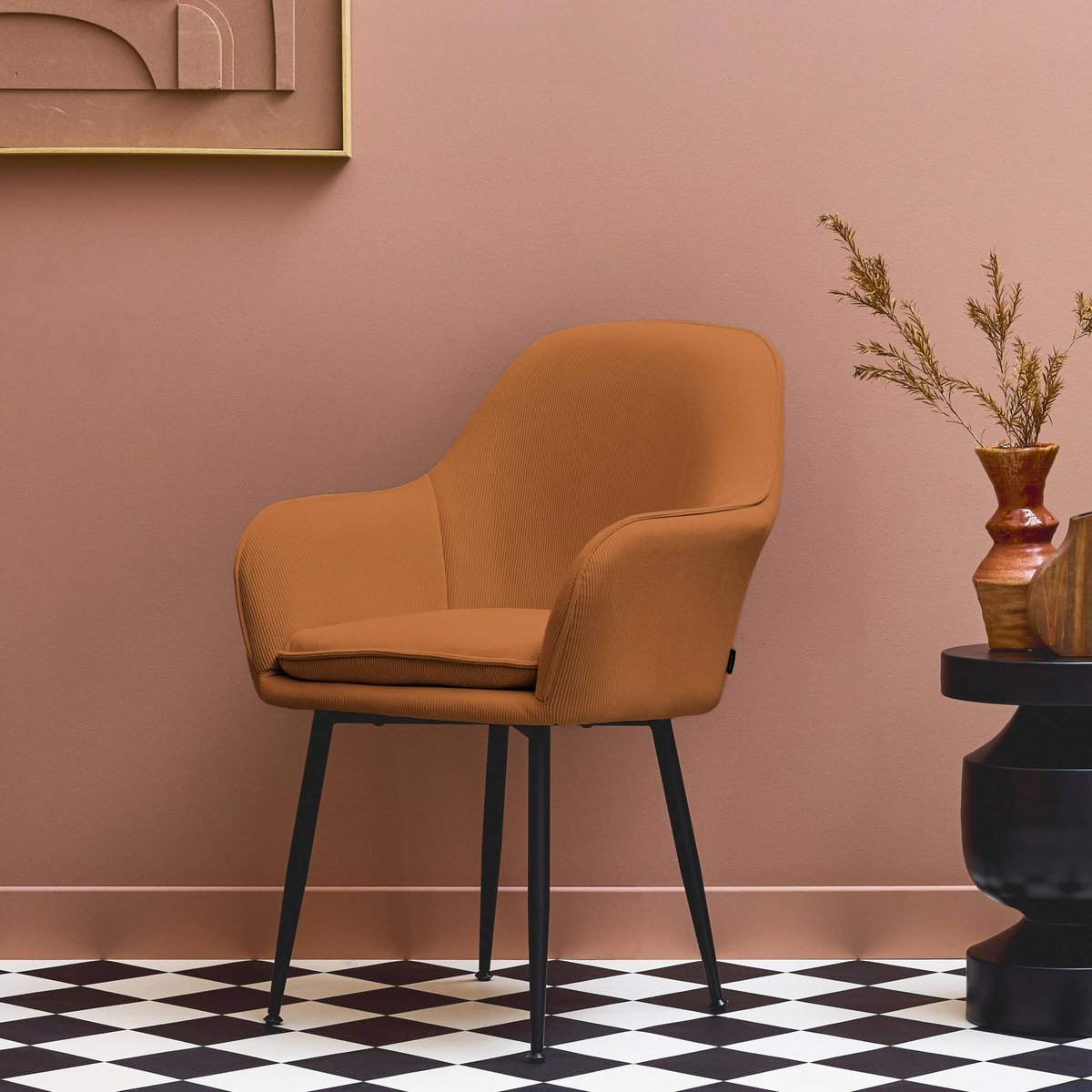 Fauteuil velours côtelé et pieds métal SHELLA camel, SWEEEK