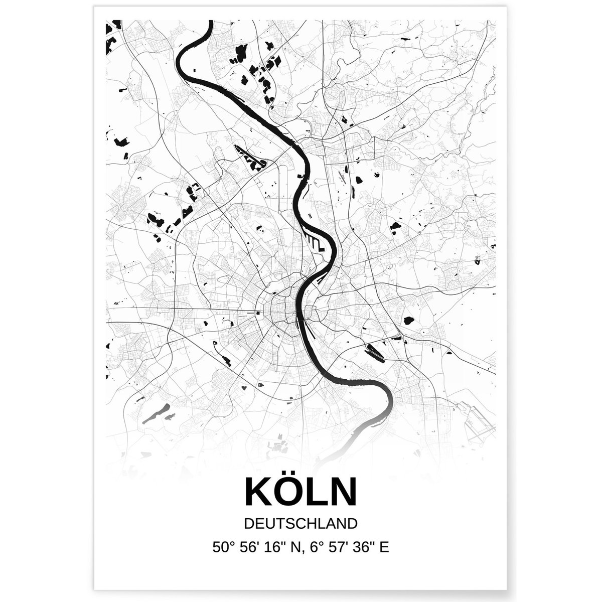 Affiche carte Köln - rectangle Noir et Blanc blanc, L'AFFICHERIE