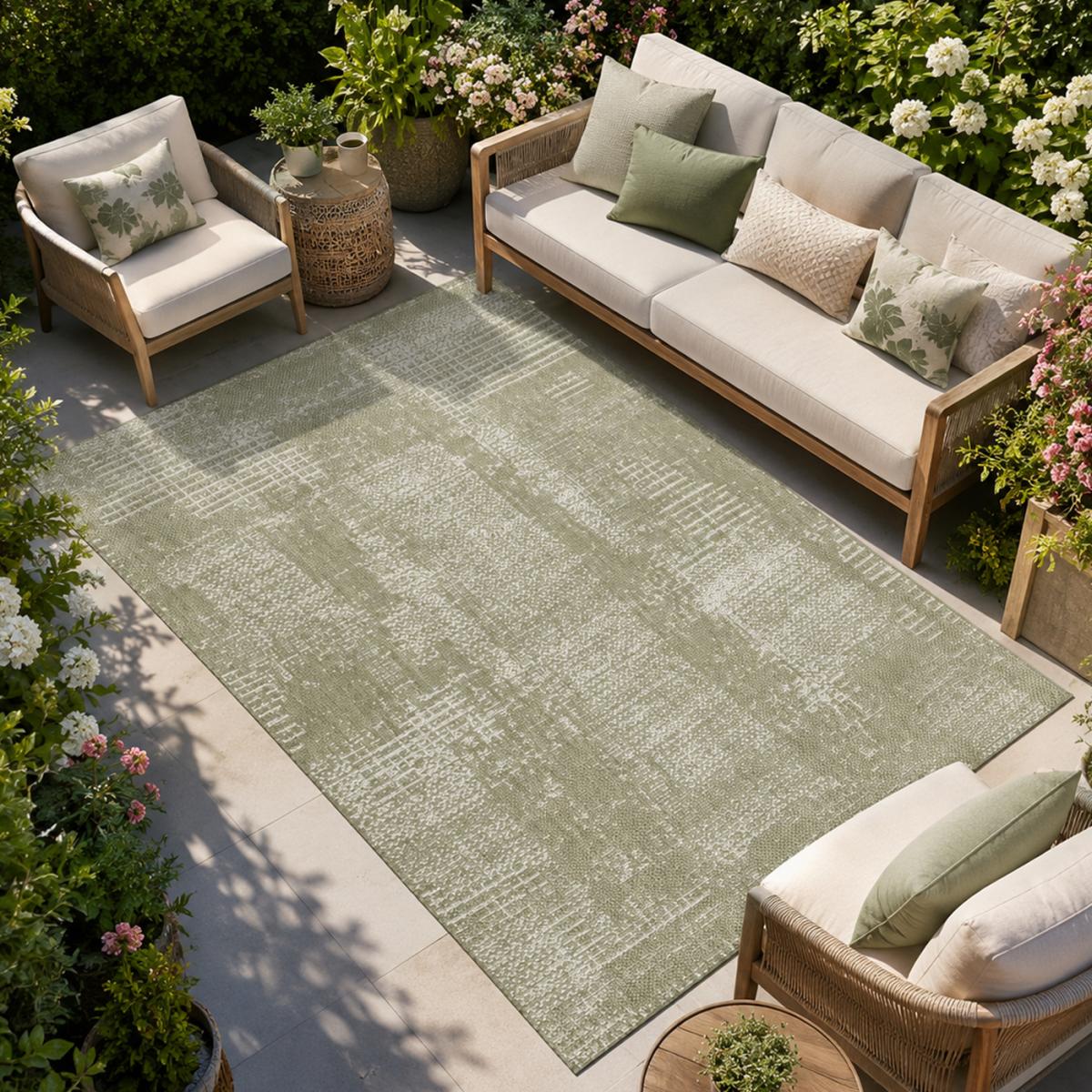 Tapis kilim, motif géométrique, tissé à plat, style ethnique vert, beige, UN AMOUR DE TAPIS