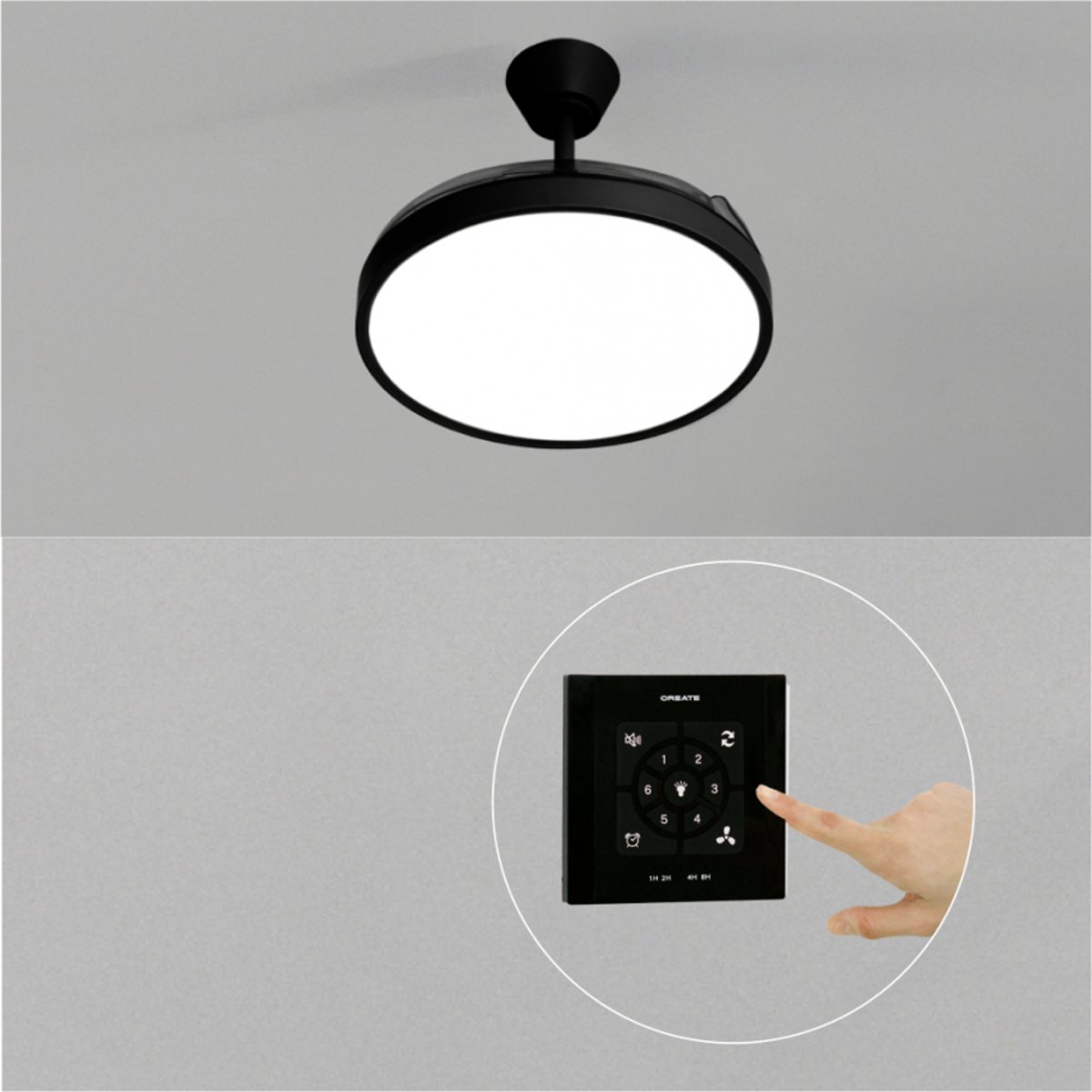 Ventilateur de plafond 40W silencieux avec lumiére et contrôleur mural WIND CLEAR STUDIO noir/noir, CREATE