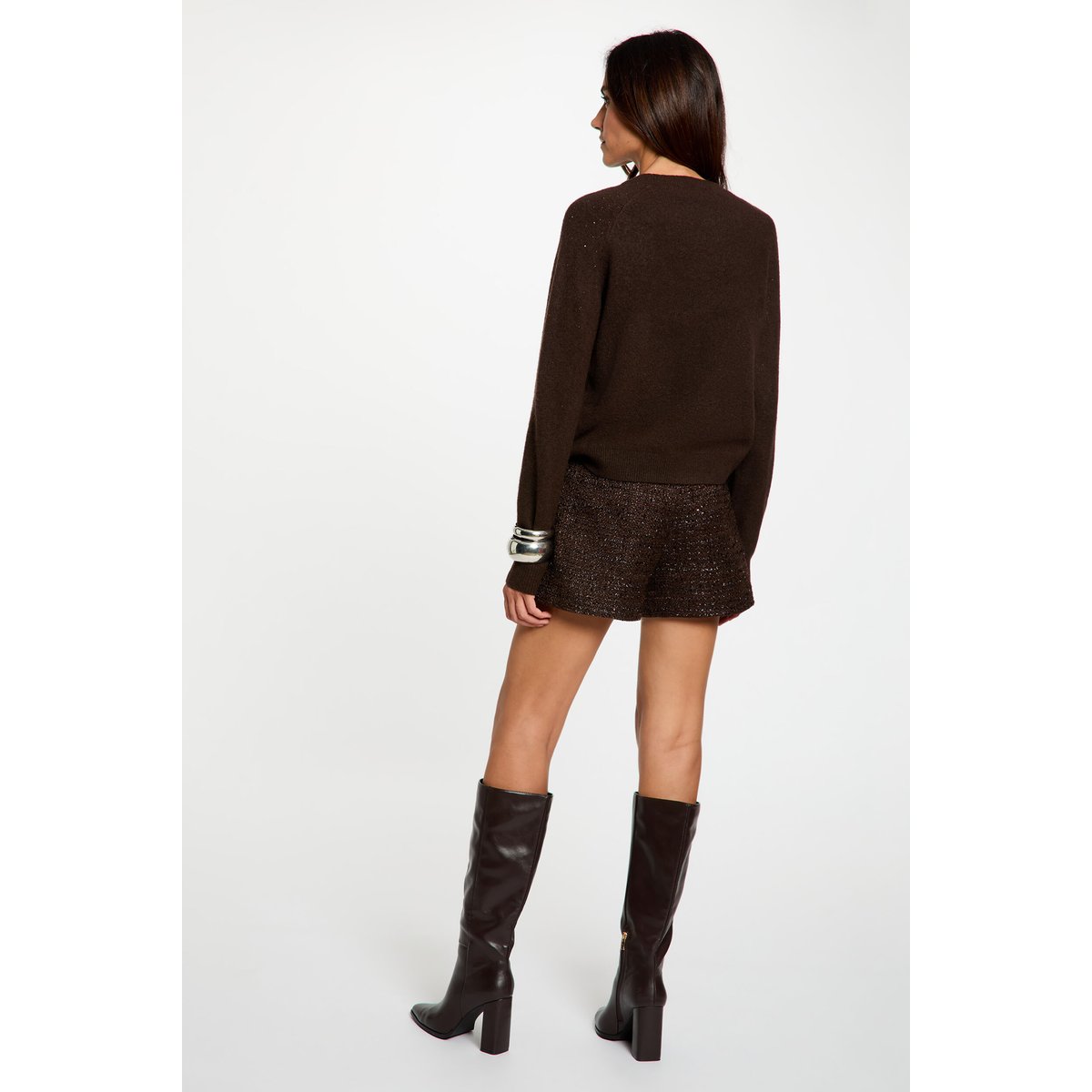 Short tweed taille haute marron foncé, MORGAN
