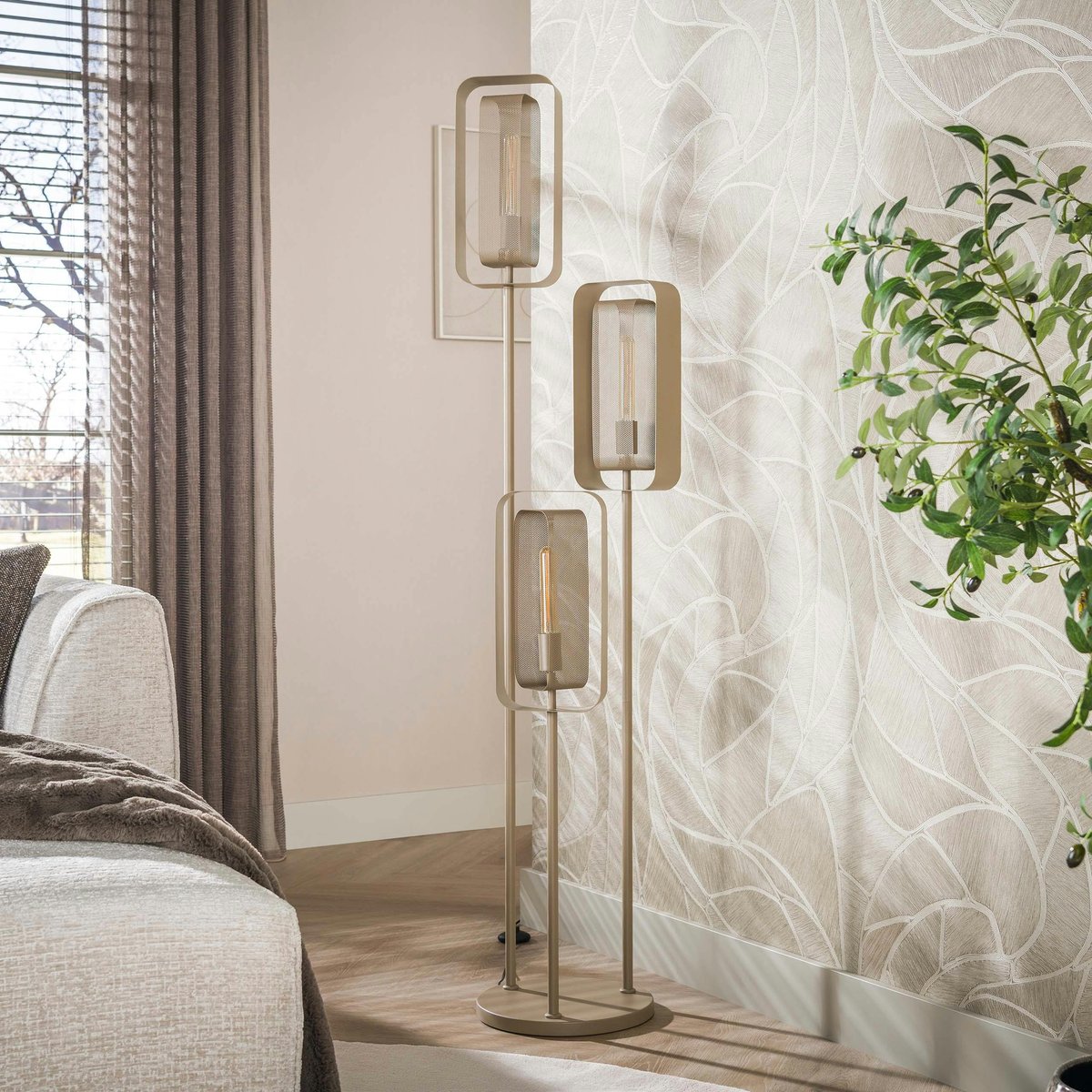 Lampadaire design beige à double cadre 3 lampes RALF beige, PIER IMPORT