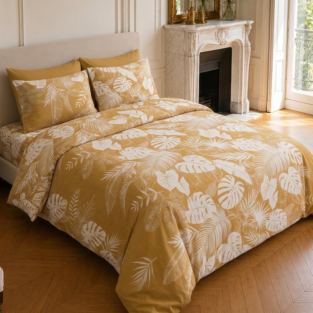 Parure de lit en coton motif tropical, LEAVES ocre, C DESIGN HOME TEXTILE