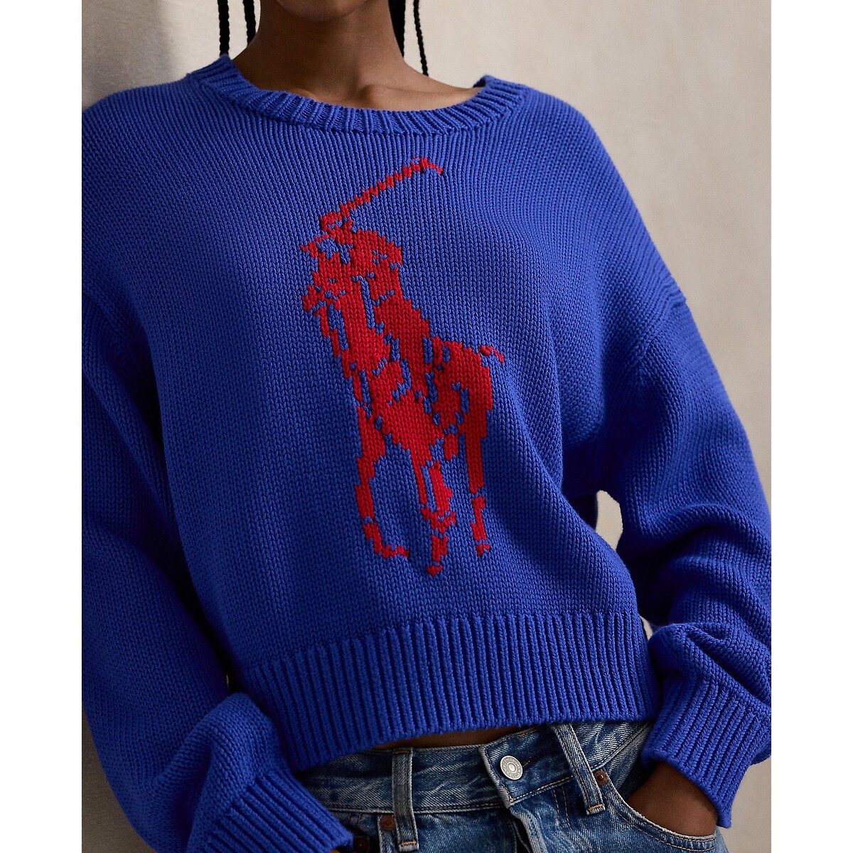 Pull a maniche lunghe con scollo rotondo e logo frontale blu royal, POLO RALPH LAUREN