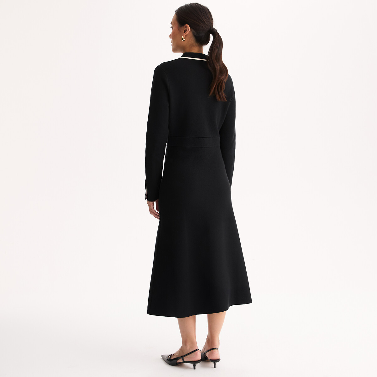Robe à col polo longueur midi manches longues noir/écru, ANNE WEYBURN