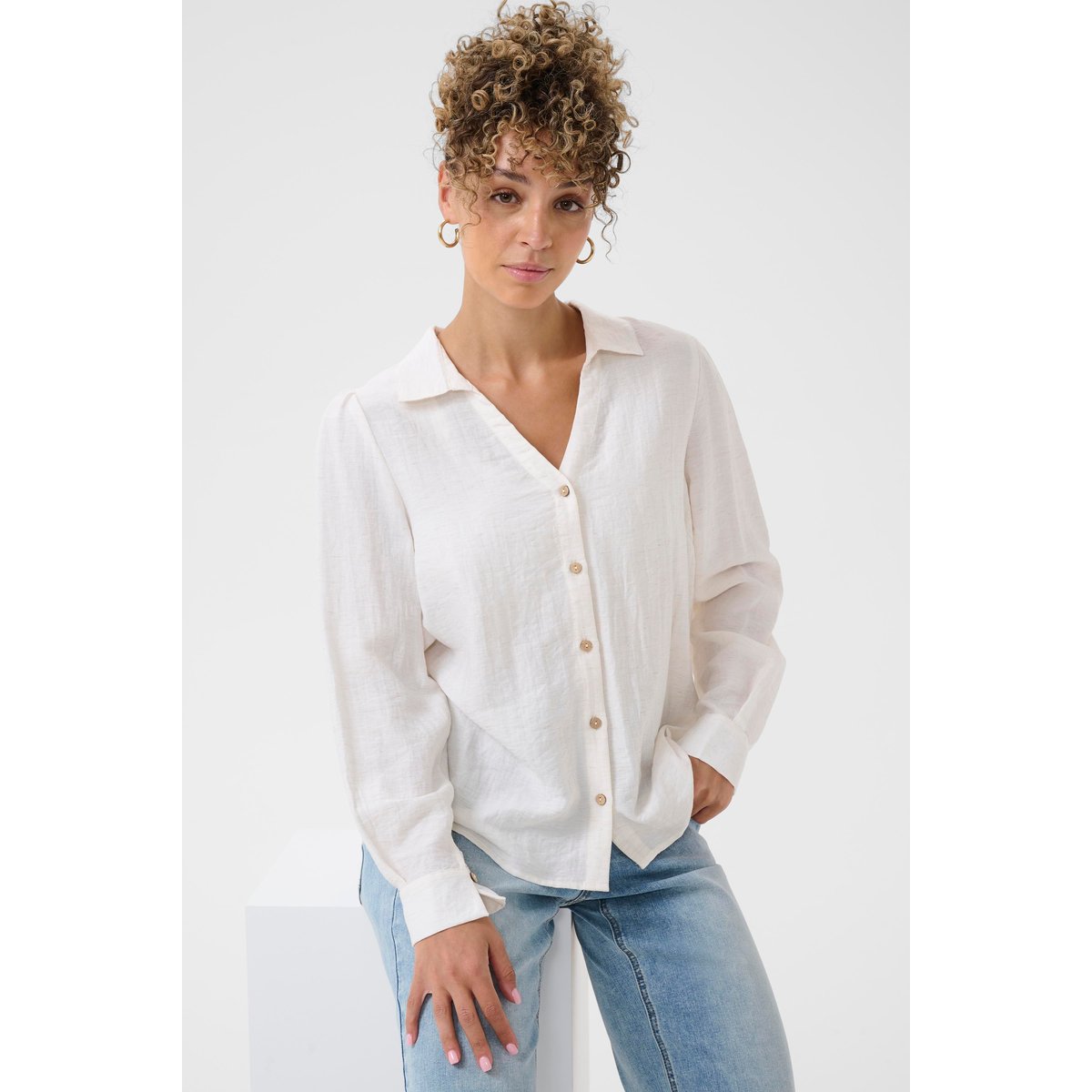 Chemise à manches longues blanc whisper white melange, CREAM