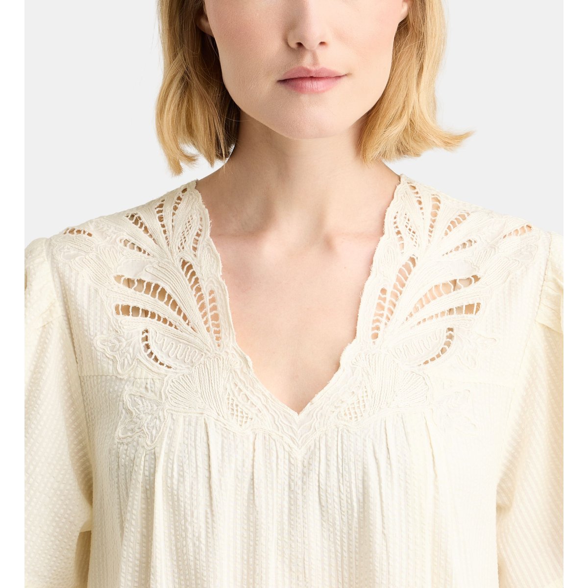Robe courte évasée dahlia en coton bio seersucker beige clair, GALERIES LAFAYETTE