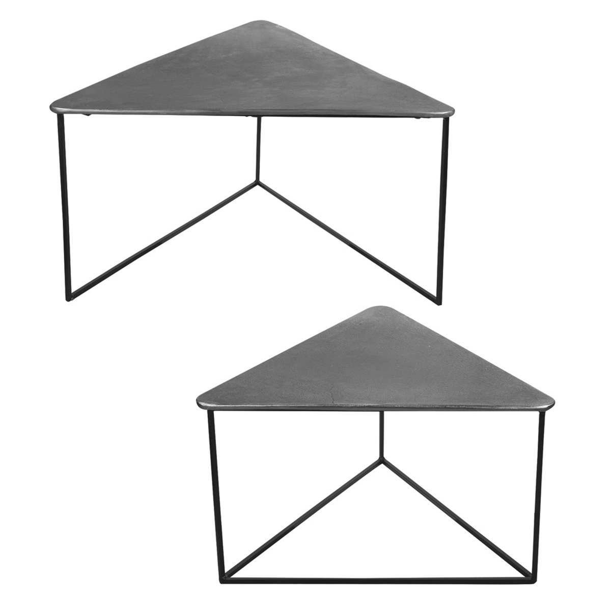 Set de 2 tables basses triangle en métal argenté, longueurs des plateaux de 80 argent / métallique, TABLE PASSION