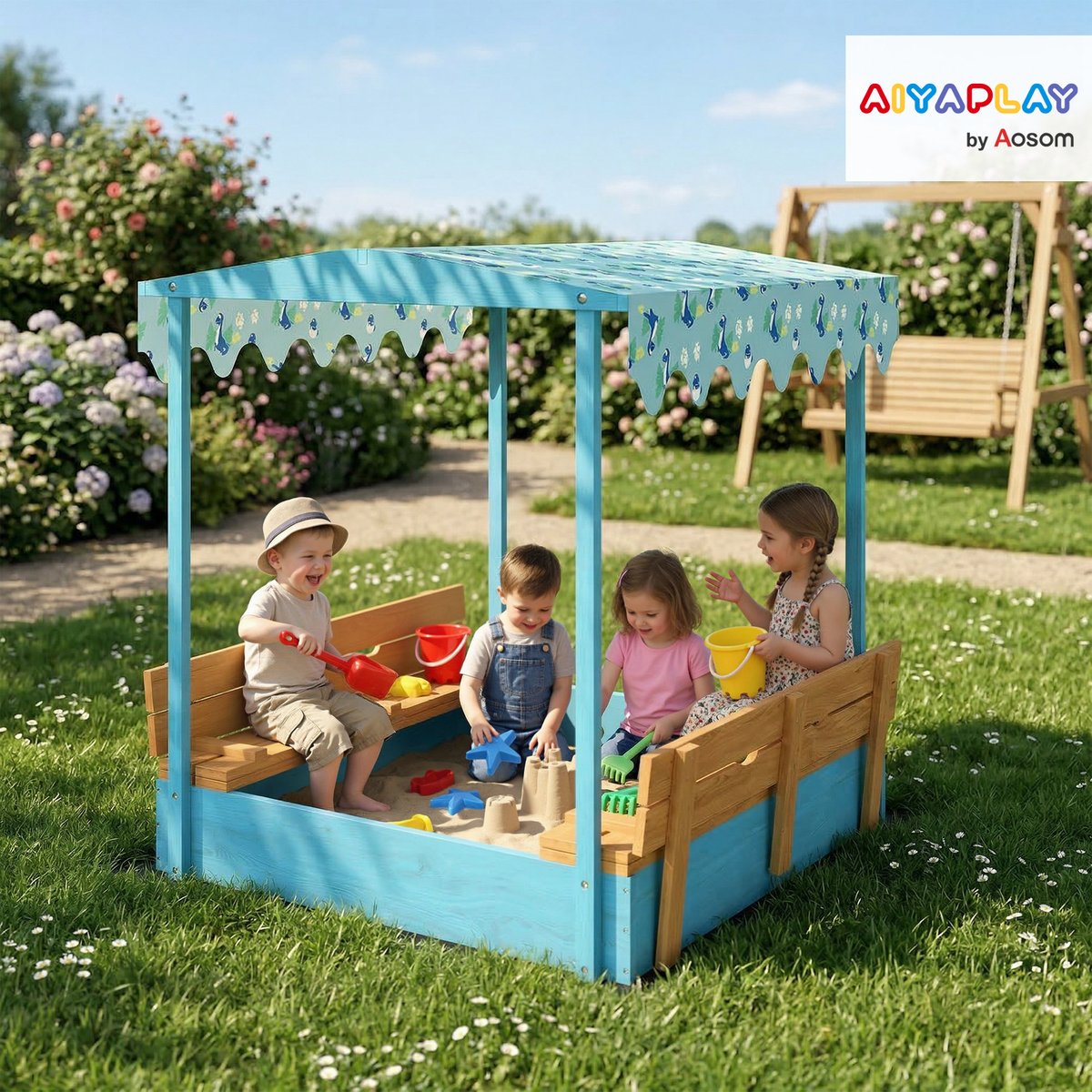 Bac à sable pour enfants Bois de sapin Bleu bleu et jaune, AIYAPLAY