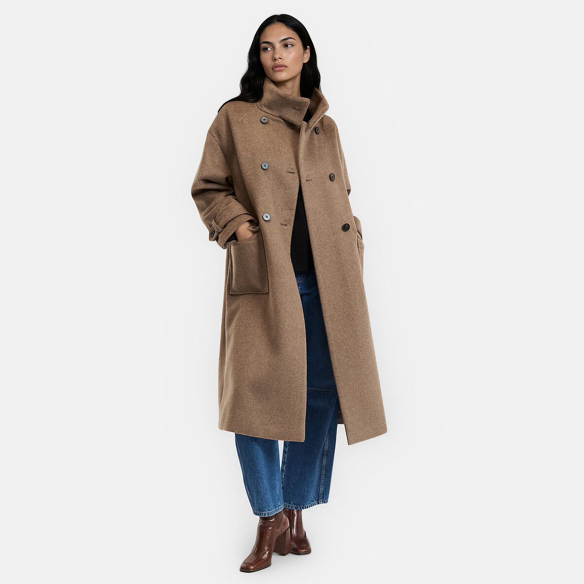 Manteau à col montant, en laine, double boutonnage marron taupe, LA REDOUTE COLLECTIONS