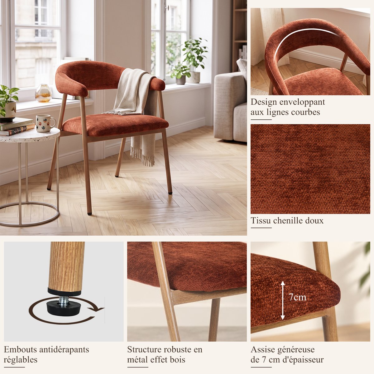 Lot de 2 chaises de salle à manger fauteuil scandinave, BONNIE rouge, MEUBLES COSY