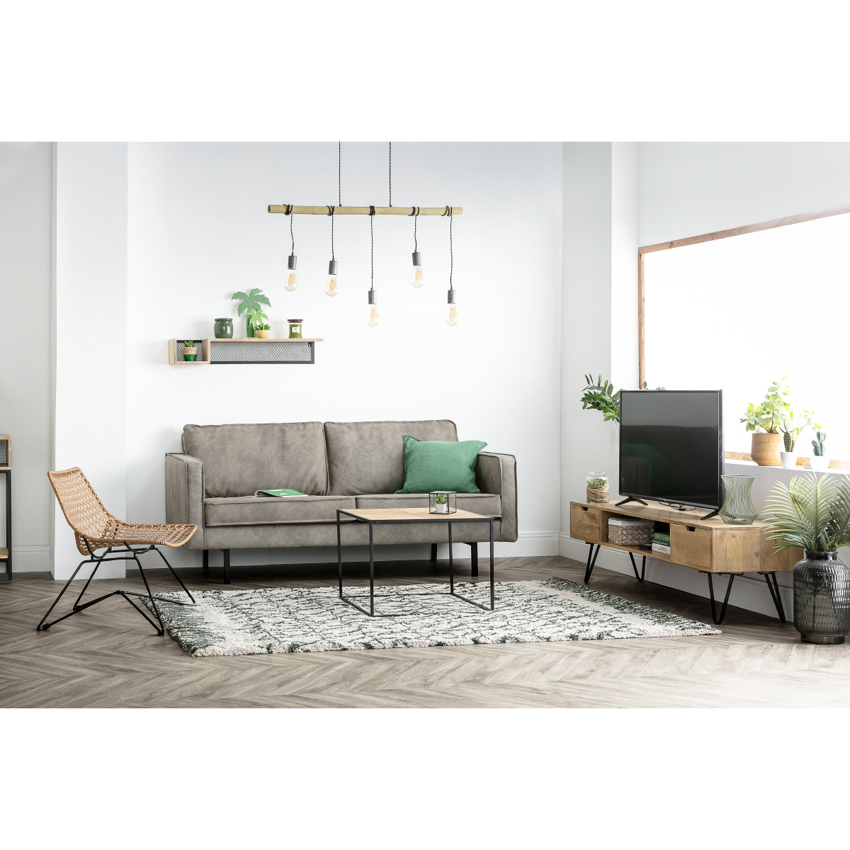 Meuble TV en bois manguier massif et métal noir L150 VIBES naturel, MILIBOO