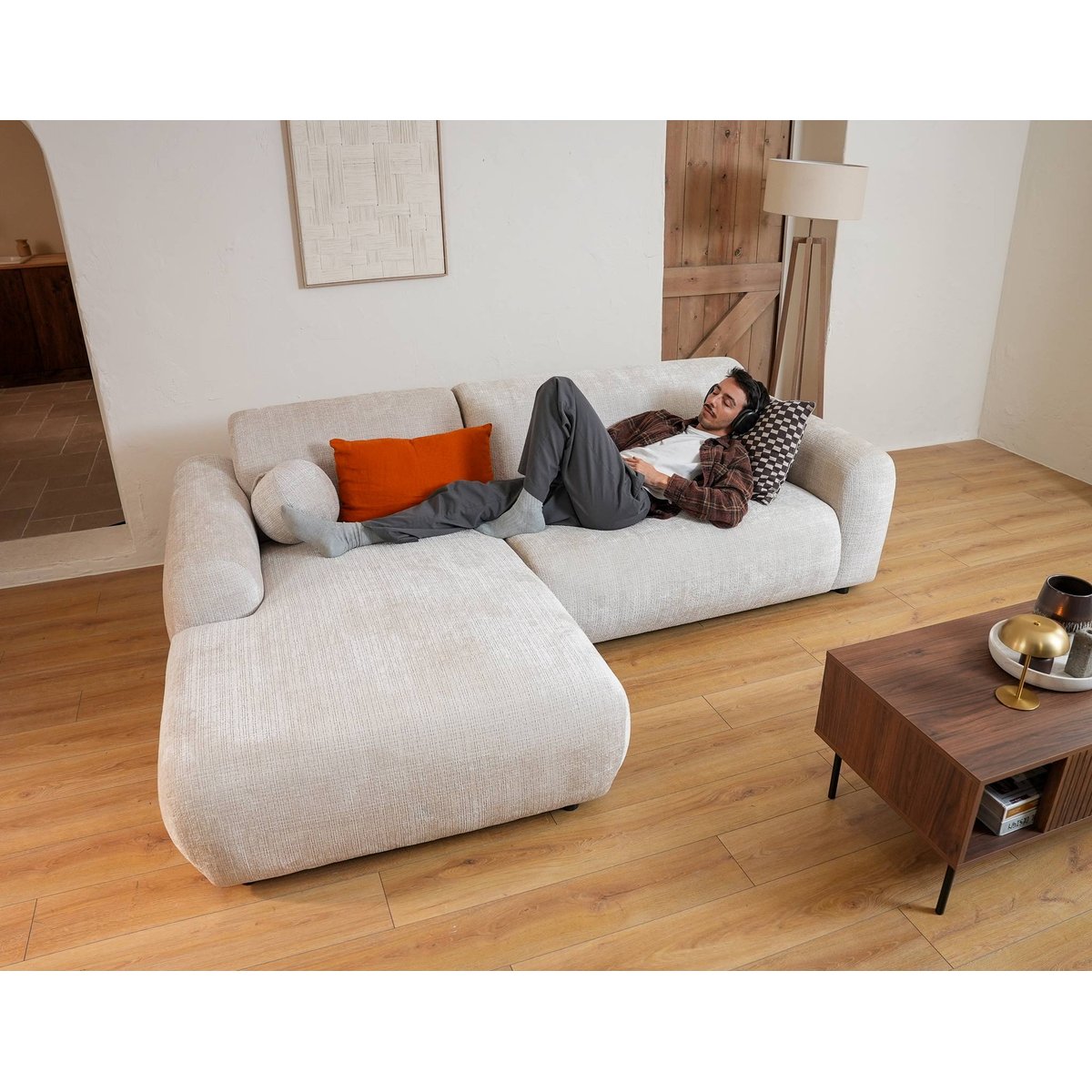 Canapé d'angle gauche en velours texturé, LOUISE beige, BEST MOBILIER