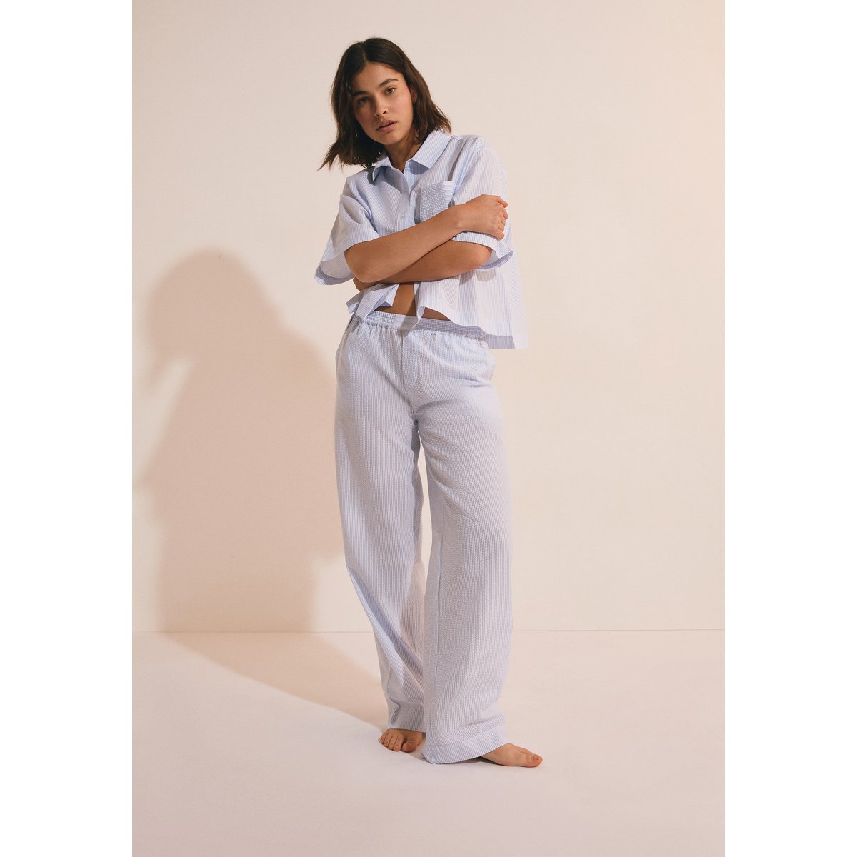 Pantalon de pyjama avec coton gaufré BETTINA bleu, ETAM