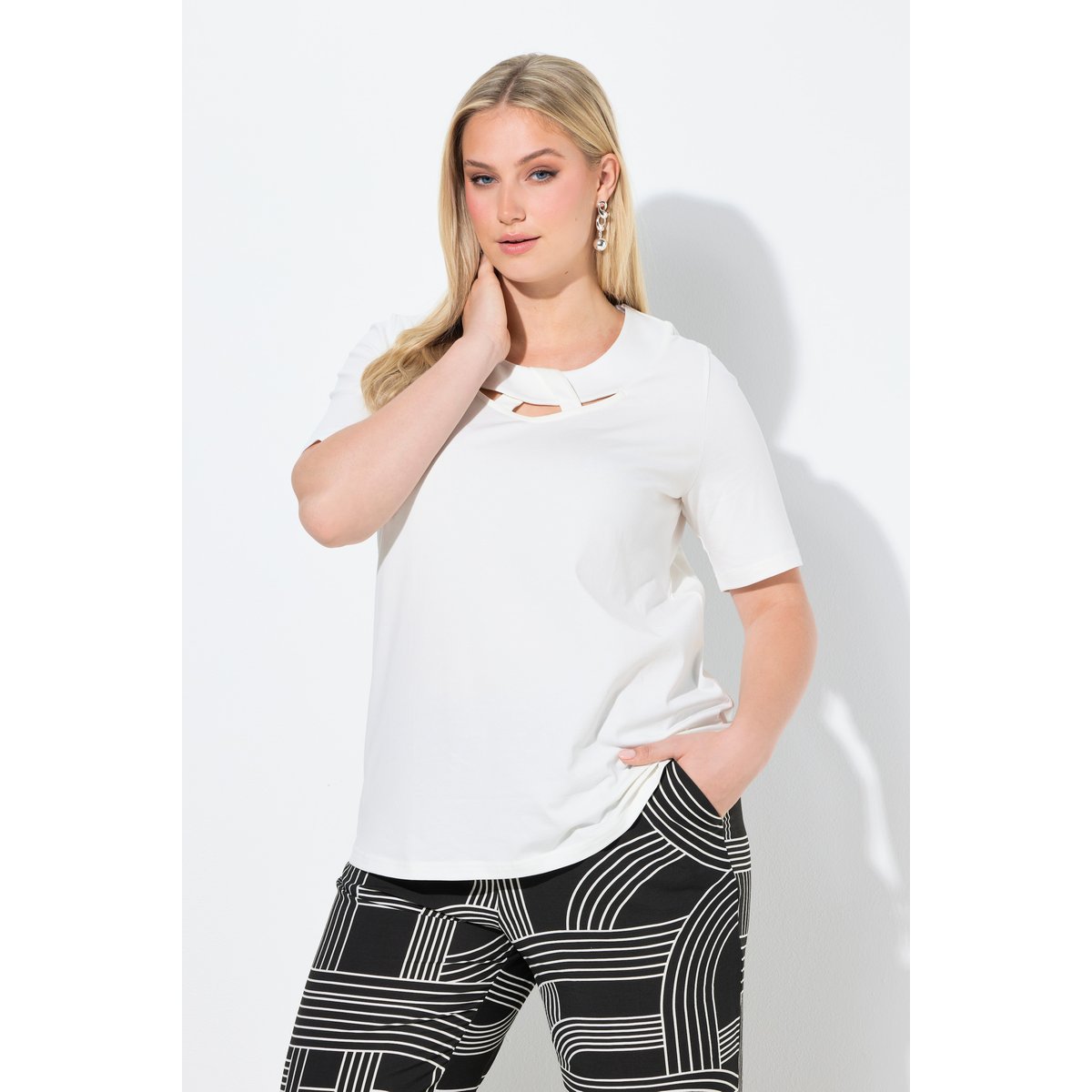 T-shirt effet drapé, manches courtes blanc cassé, ULLA POPKEN