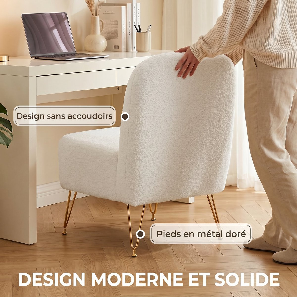 Accent Chair Tissu bouclette (100% polyester) blanc, HOMCOM