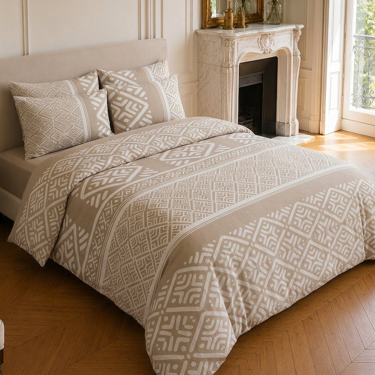 Parure de lit en coton motif géométrique, BOHO beige, C DESIGN HOME TEXTILE