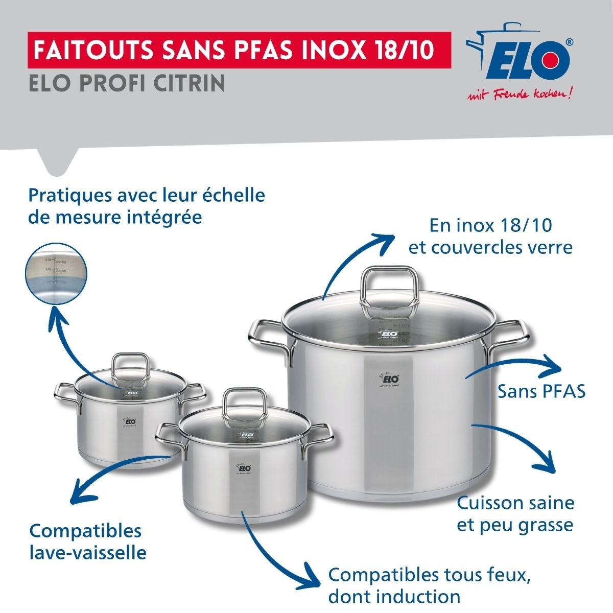 Batterie 1 poêle 24cm + 3 faitouts 14/16/26cm PROFI CITRIN gris, ELO
