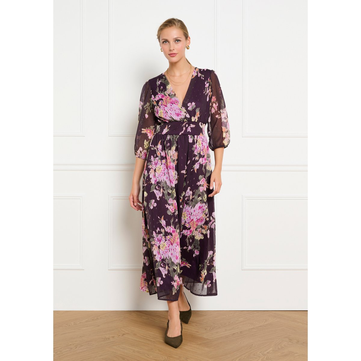 Robe maxi cache-coeur fleurie aubergine, LOLALIZA