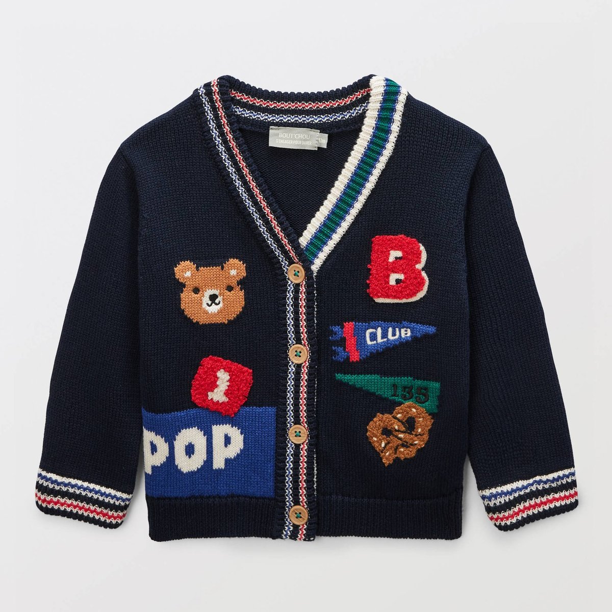 Cardigan tricot intarsia avec patchs en coton marine, BOUT'CHOU