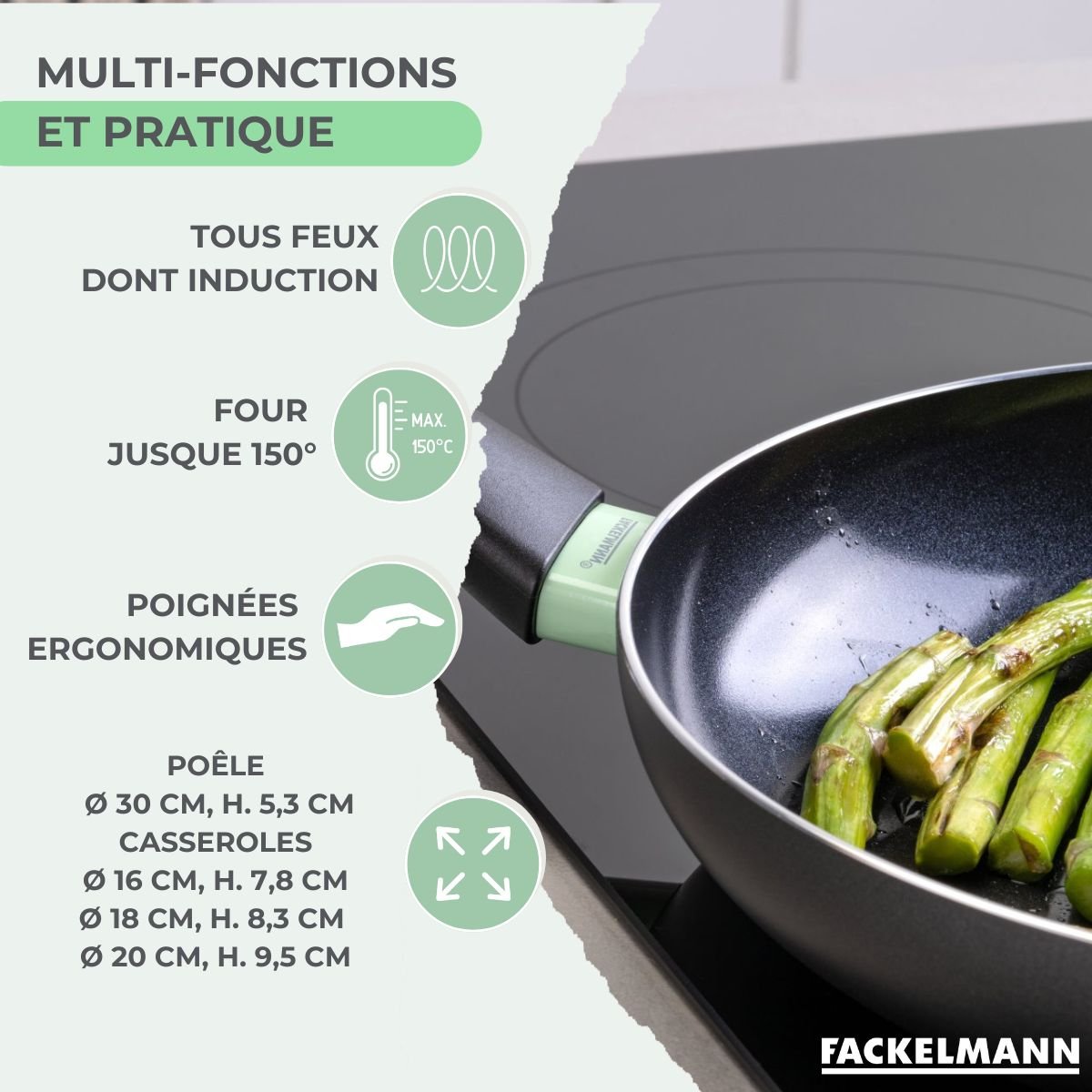 Batterie 1 poêle 28cm + 3 casseroles 16/18/20cm BRANDAO VARIO noir|vert, FACKELMANN