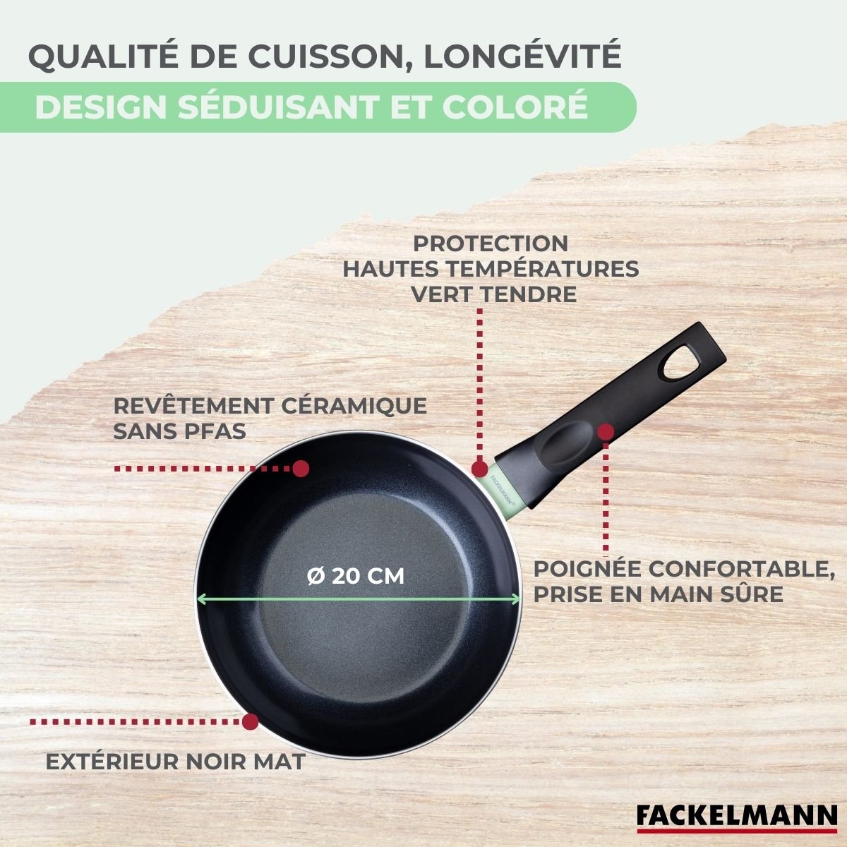Wok 20 cm aluminium revêtement céramique antiadhésif BRANDAO vert,noir, FACKELMANN