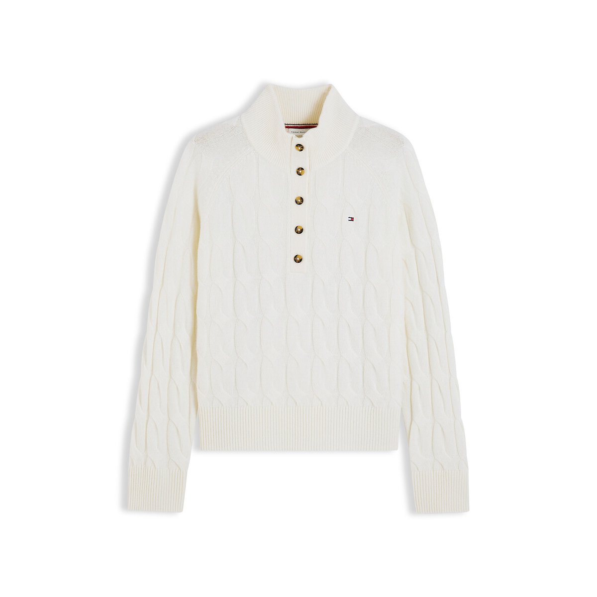 Pull torsadé à col boutonné en laine ivoire, TOMMY HILFIGER