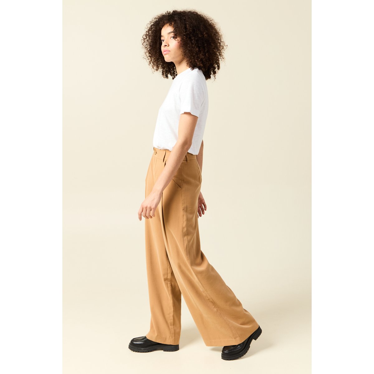 Pantalon large taille haute marron clair, BONOBO