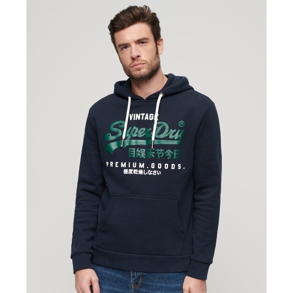 Sweat à capuche Premium Goods bleu marine éclipse nano wash, SUPERDRY