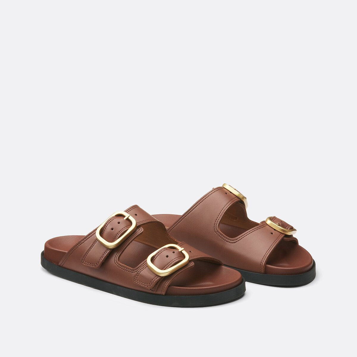 Mules en cuir double bride marron, LA REDOUTE COLLECTIONS