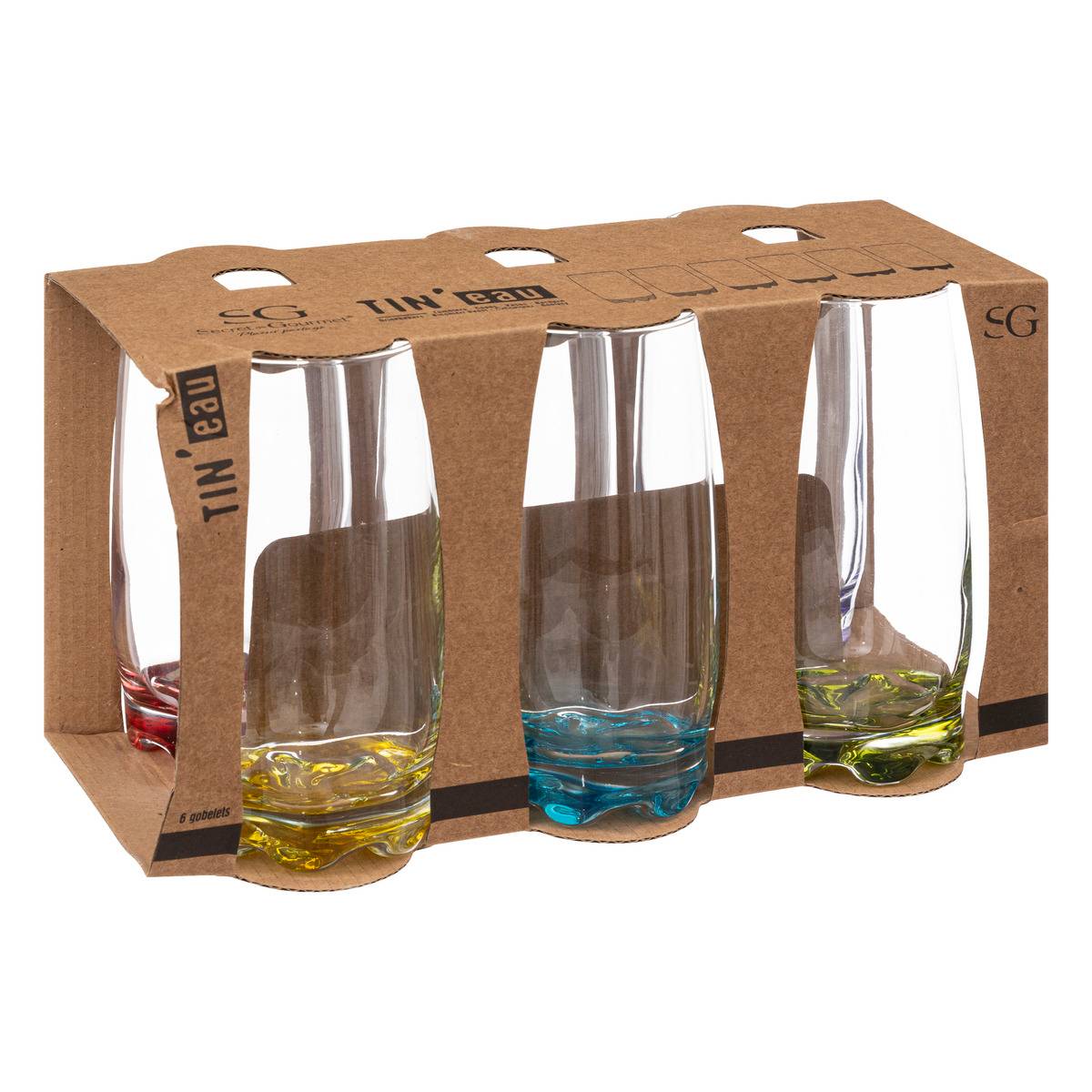 Lot de 6 verres hauts en verre TIN'EAU multicolore, SECRET DE GOURMET