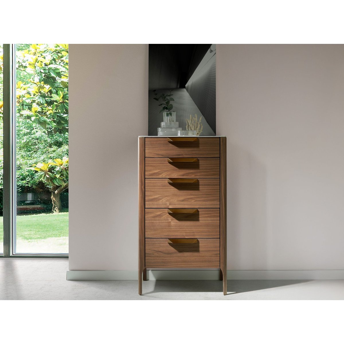 Chiffonnier en noyer avec plateau en verre imitation marbre noyer | acier | blanc, ANGEL CERDA