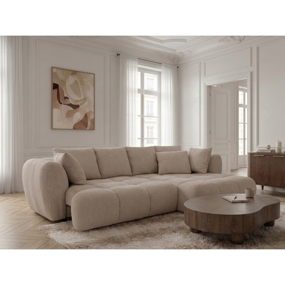 Canapé d'angle convertible 3 places en tissu bouclette, AUDE beige, BOBOCHIC