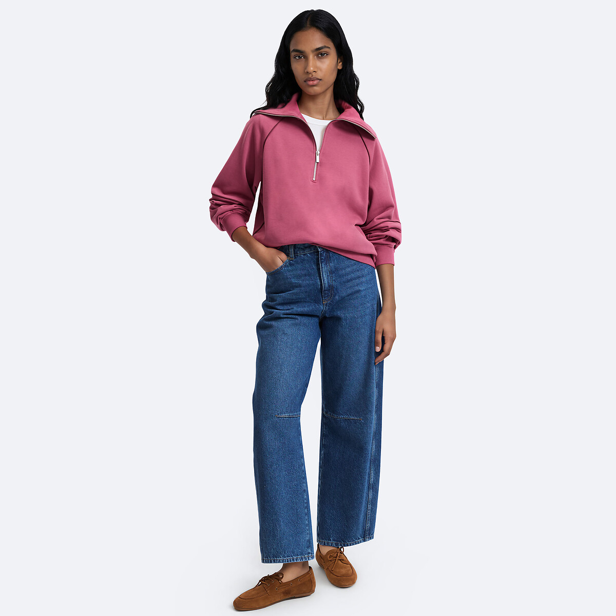 Loose Fitting Zip-Up Collar Sweatshirt with Contrasting Piping burgundy red, LA REDOUTE COLLECTIONS